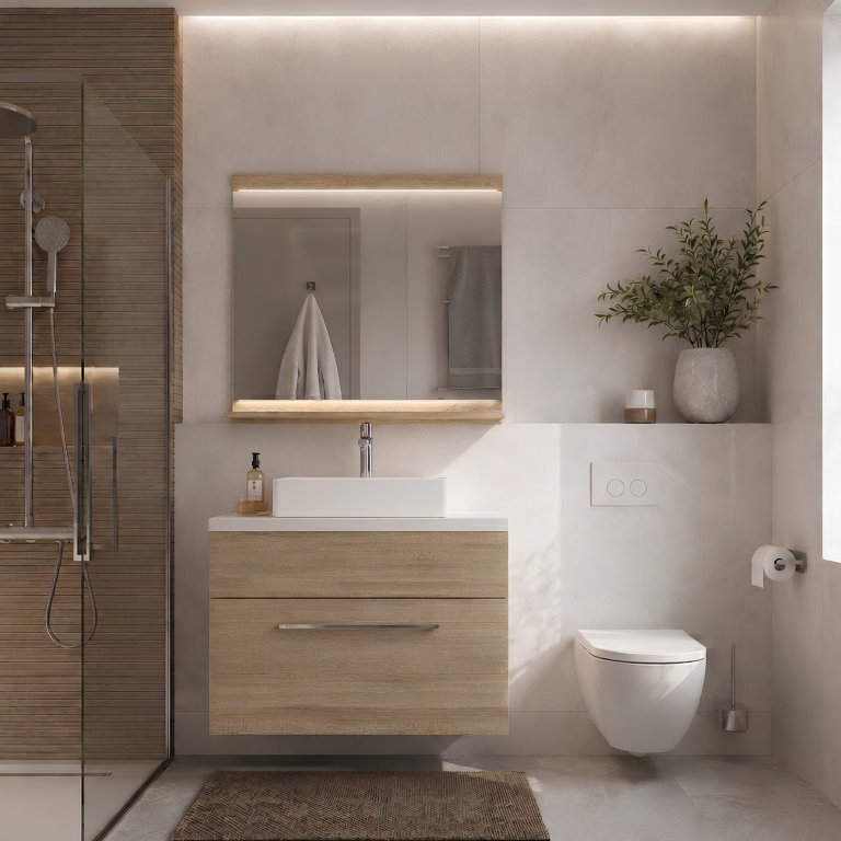 Meubles de salle de bains avec miroir, finition chêne Sonoma – Déstockage DALLAS M 1/0/DS/DS/0/ZW