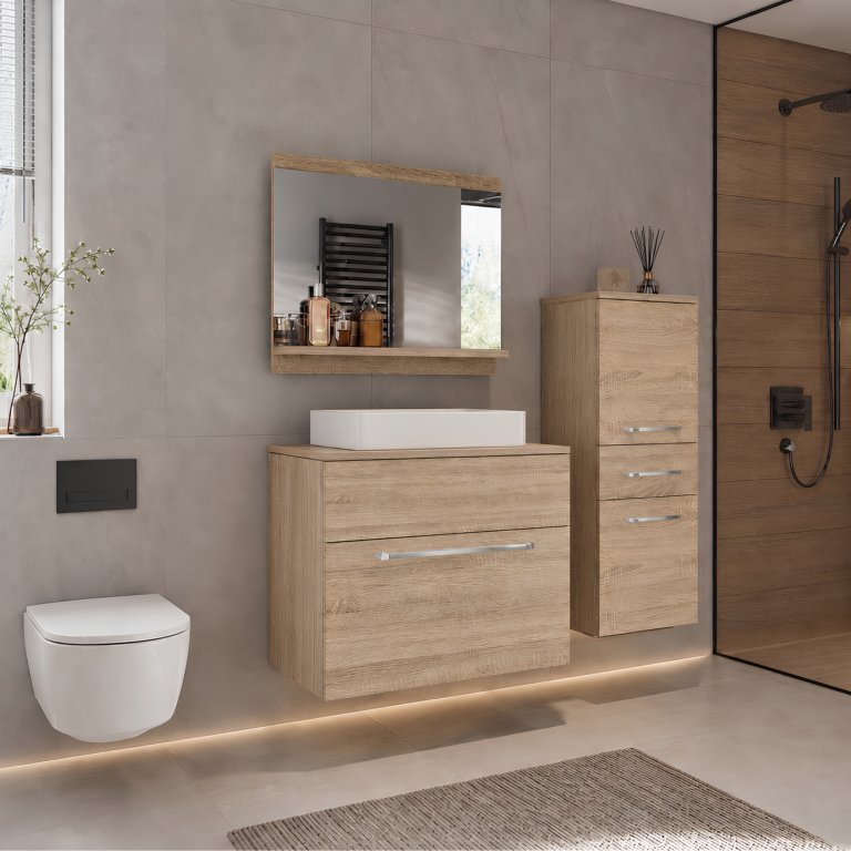 Meubles de salle de bains avec miroir, finition chêne Sonoma – Déstockage ATLANTA M 2/0/DS/DS/0/ZW