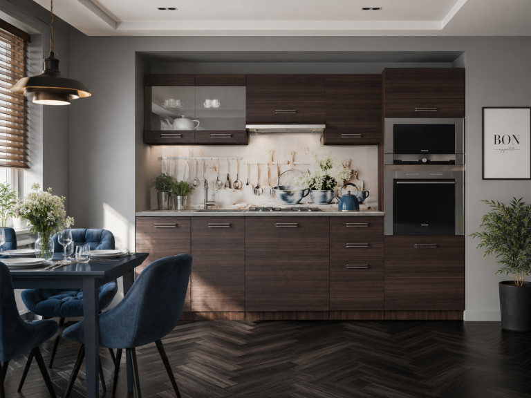 Meubles de cuisine 240 cm brun châtaigne avec plan de travail – Déstockage BOSTON/1/KN/KN/0/F