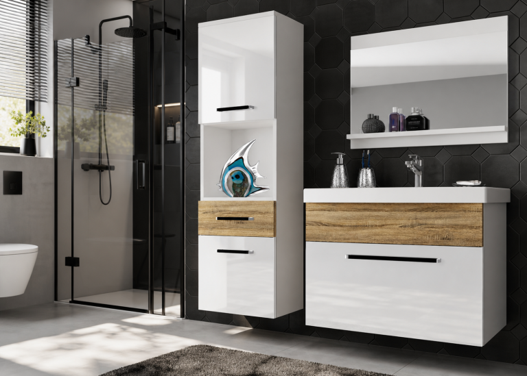 Meuble de salle de bain Belini blanc brillant / chêne sonoma + lavabo + miroir Fabricant ROD PM 3/0/W/WDS/0/ZW