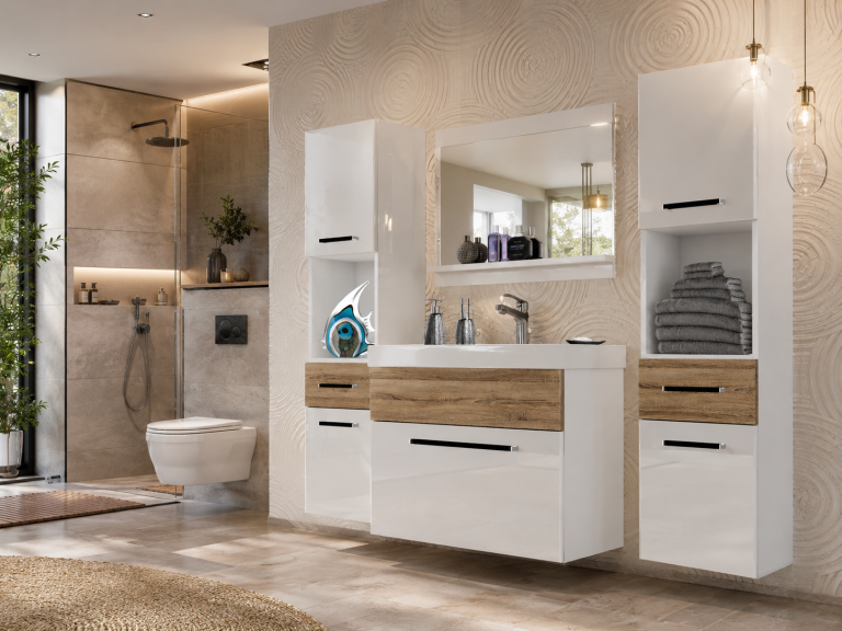 Meuble de salle de bain Belini blanc brillant / chêne sonoma + lavabo + miroir Fabricant ROD PM 6/0/W/WDS/0/ZW