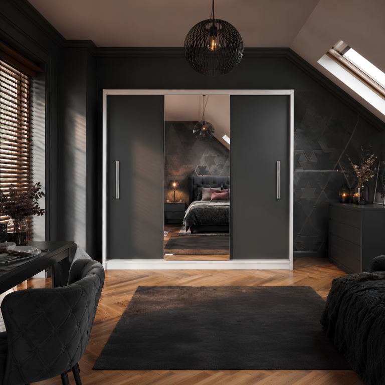 Armoire coulissante 200 cm PRIMO avec miroir noir ébène foncé – Producteur MES PRIMO SZP1/1/W/B/0/AL