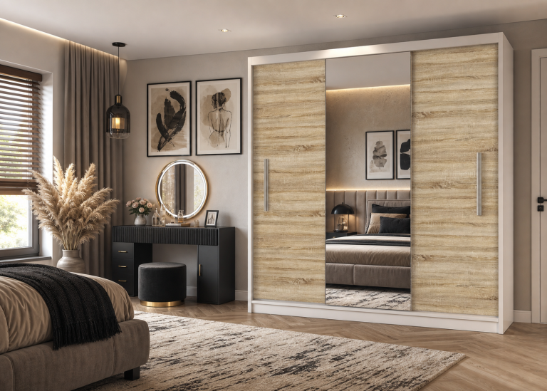 Armoire coulissante 200 cm PRIMO avec miroir chêne wotan / chêne sonoma – Producteur MES PRIMO SZP1/1/W/DS/0/AL
