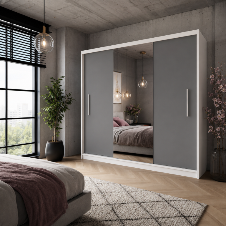 Armoire coulissante 232 cm avec miroir gris mat – Producteur MES PRIMO SZP4/2/1W/2SR1L/0/AL