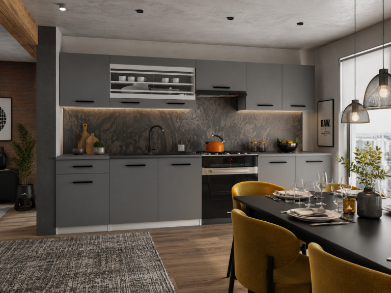 Cuisine 260 cm gris anthracite graphite avec plan de travail – Producteur TOR PRIMO260/3/WT/SR/0/B1