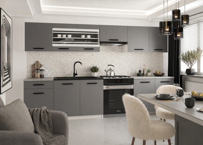 Cuisine 260 cm gris anthracite graphite avec plan de travail – Producteur TOR PRIMO260/3/WT/SR/0/B1
