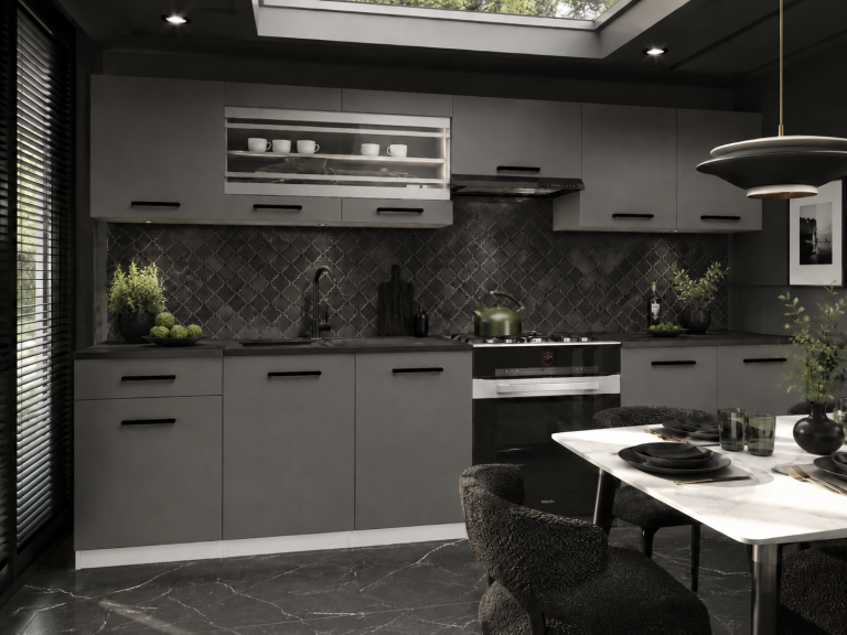 Cuisine 260 cm gris anthracite graphite avec plan de travail – Producteur TOR PRIMO260/3/WT/SR/0/B1
