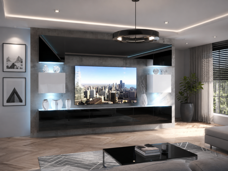 Meuble mural 300 cm Belini noir brillant / blanc brillant Imperium 3 Fabricant IMP 3/5/W/BWB/0/0