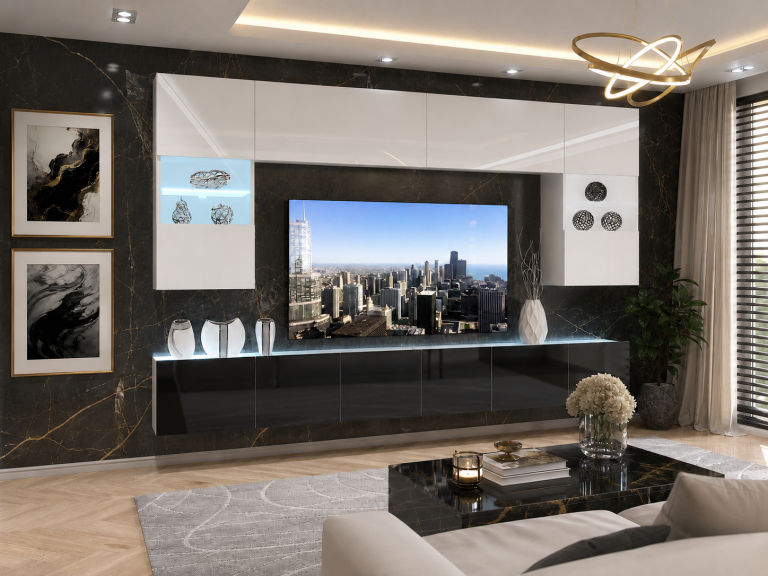 Meuble mural 300 cm Belini blanc brillant / noir brillant Imperium 1 Fabricant IMP 1/5/W/WB/0/0