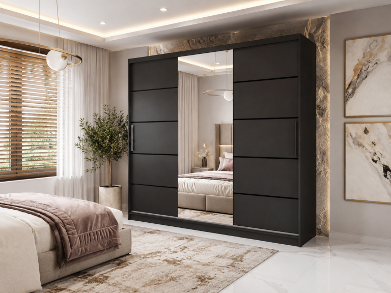 Armoire 235 cm Belini noir mat avec portes coulissantes, miroir et tiroirs Fabricant MBP SZP8/0/1B/2B1L/0/KLP/