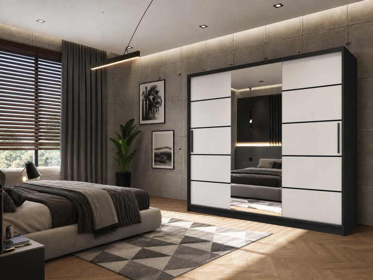Armoire 235 cm Belini noir mat / blanc mat avec portes coulissantes miroir et tiroirs Fabricant MBP SZP8/0/1B/2W1L/0/KLP