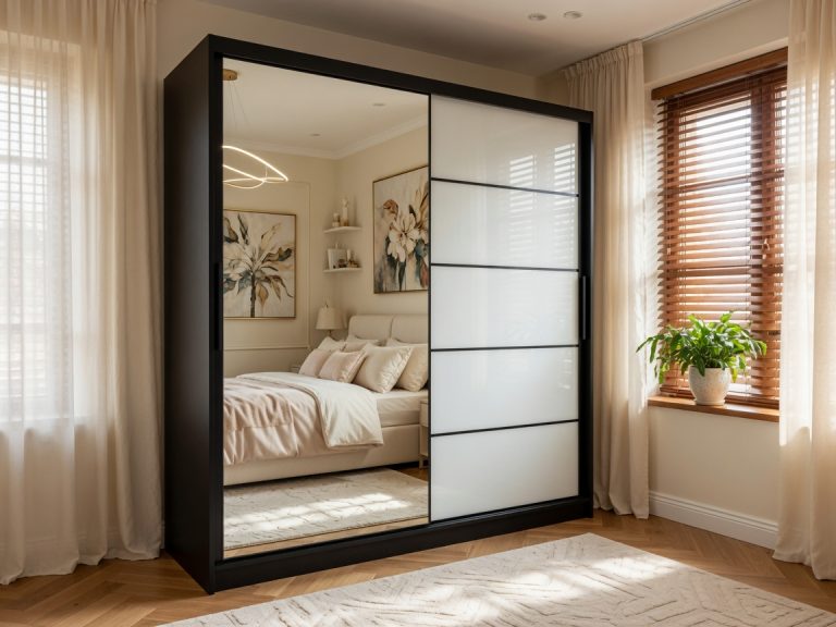 Armoire 200 cm Belini noir mat / blanc brillant avec portes coulissantes miroir et tiroirs Fabricant MGB SZP5/1/B/1L5W/KLP