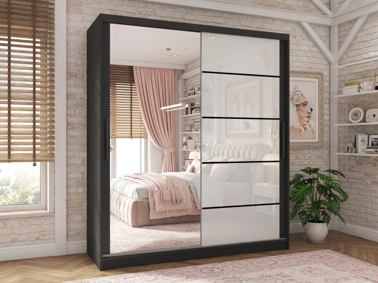Armoire 200 cm Belini noir mat / blanc brillant avec portes coulissantes miroir et tiroirs Fabricant MGB SZP5/1/B/1L5W/KLP