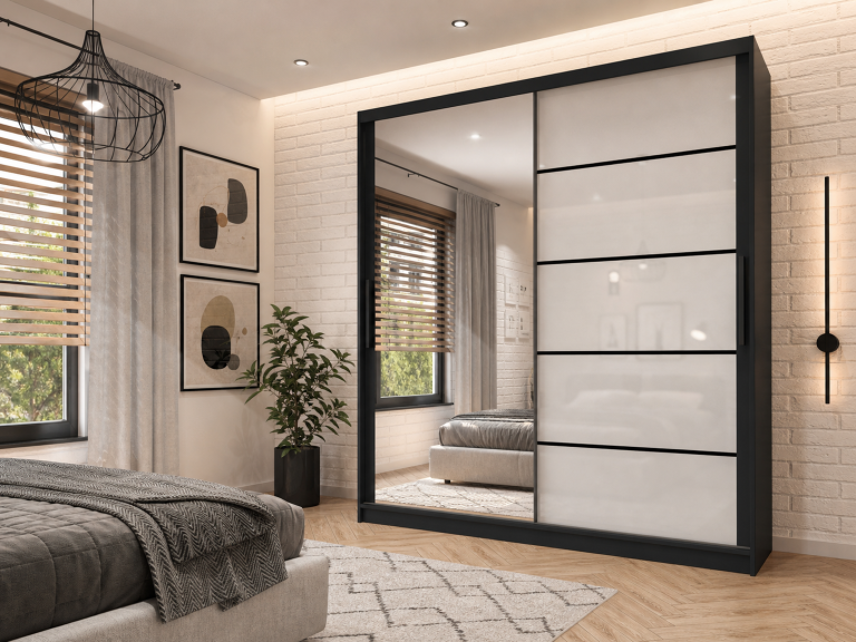 Armoire 200 cm Belini noir mat / blanc brillant avec portes coulissantes miroir et tiroirs Fabricant MGB SZP5/1/B/1L5W/KLP