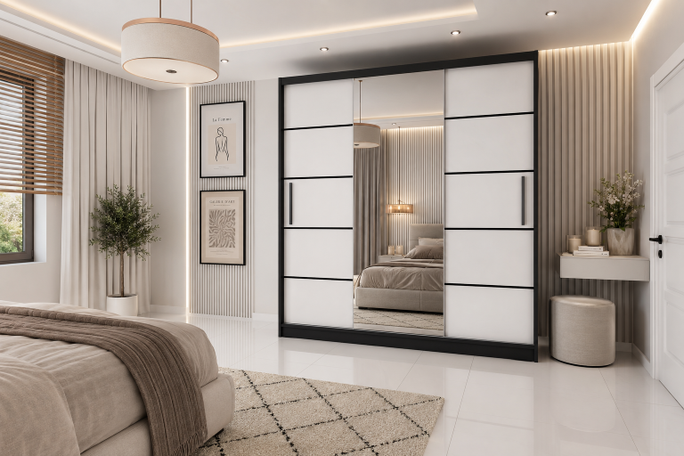 Armoire 200 cm Belini noir mat / blanc mat avec portes coulissantes, miroir et tiroirs Fabricant MT SZP5/1/B/W/0/KLP