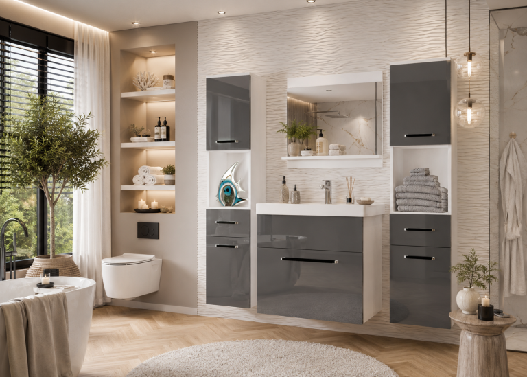 Meuble de salle de bain Belini gris brillant + lavabo + miroir Fabricant ROD P 6/0/W/S/0/ZW