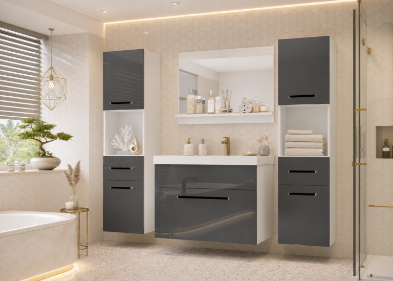Meuble de salle de bain Belini gris brillant + lavabo + miroir Fabricant ROD P 6/0/W/S/0/ZW