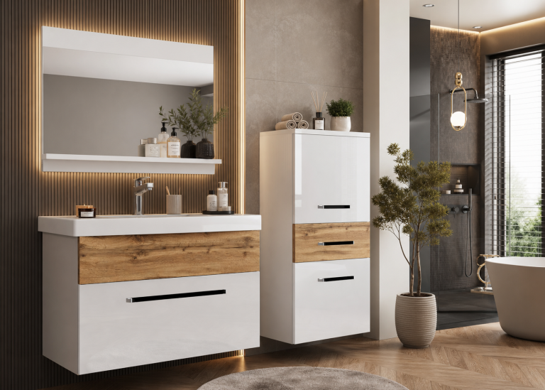 Meuble de salle de bain Belini blanc brillant / chêne wotan + lavabo + miroir Fabricant ROD PM 2/0/W/WDW/0/ZW