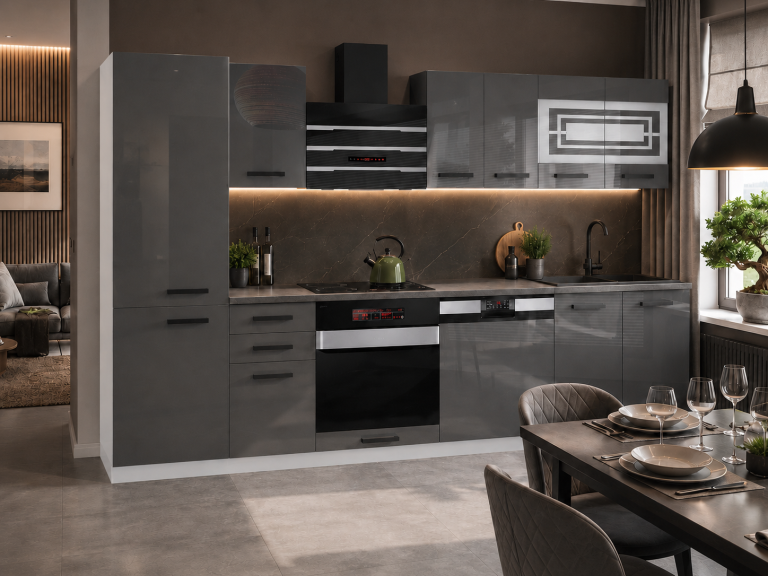Meubles de cuisine Premium Version Complète 300 cm brillance gris avec plan de travail Fabricant INF CINDY/0/WT/S/B/B1