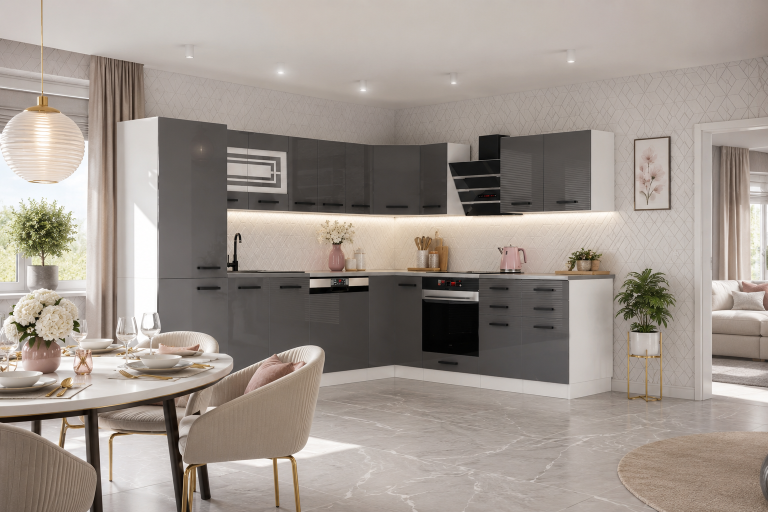 Meubles de cuisine Premium Version Complète 520 cm brillance gris avec plan de travail Fabricant NF JULIE/0/WT/S/B/B1