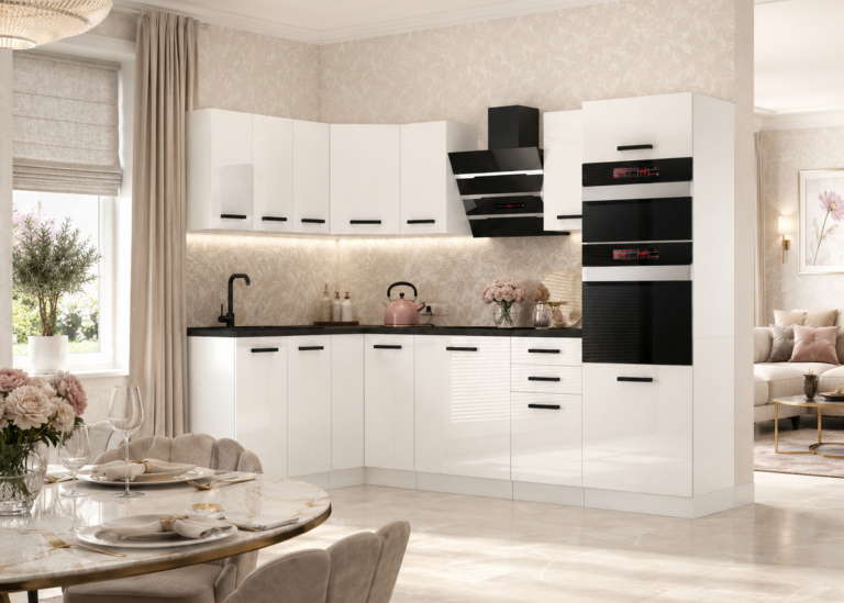Meubles de cuisine Premium Version Complète 420 cm brillance blanc avec plan de travail Fabricant  INF MELANIE/0/WT/W/B/B1