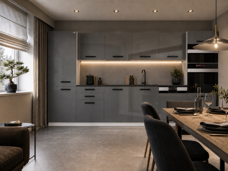 Meubles de cuisine Premium Version Complète 360 cm brillance gris avec plan de travail Fabricant INF NAOMI/0/WT/S/B/B1
