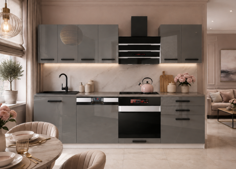 Meubles de cuisine Premium Version Complète 240 cm brillance gris avec plan de travail Fabricant INF SUSAN/0/WT/S/B/B1