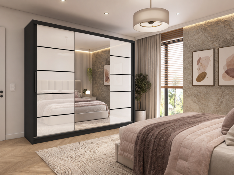 Armoire cm Belini noir mat / blanc brillant avec portes coulissantes miroir et tiroirs Fabricant MGB SZP8/0/B/2W1L/KLP