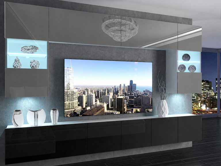 Meuble TV / meuble mural 300 cm gris brillant et noir brillant  Fabricant IMP 1/5/W/WB/0/0