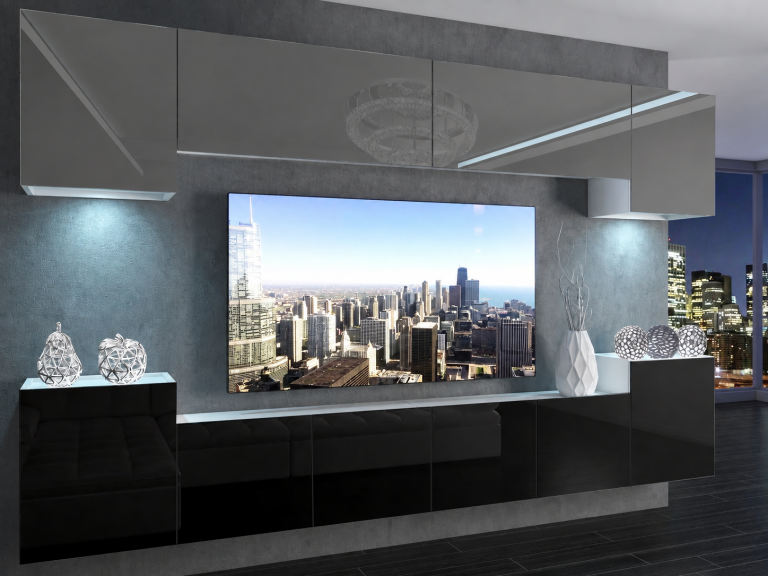 Meuble TV / meuble mural 300 cm gris brillant et noir brillant  Fabricant IMP 4/5/W/SB/0/0