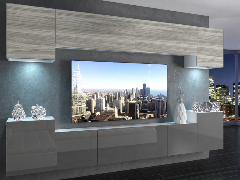 Meuble TV / meuble mural 300 cm gris brillant et Glamour Wood  Fabricant IMP 4/5/W/GW1S/0/0