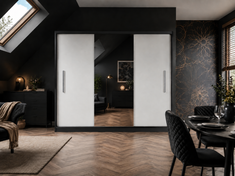 Armoire coulissante 232 cm avec miroir blanc mat – Producteur MES PRIMO SZP4/2/1B/2W1L/0/AL