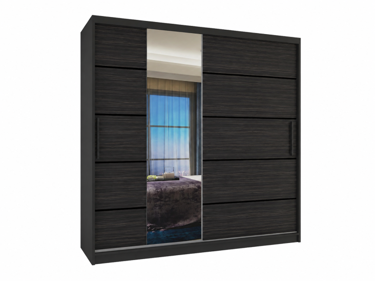 Armoire coulissante 200 cm PREMIUM AVEC TIROIRS ET MIROIR, noire, ébène royal mat  Fabricant MBP SZP5/1/B/HK/0/KLP