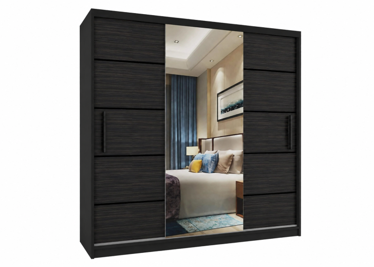 Armoire coulissante 200 cm PREMIUM AVEC TIROIRS ET MIROIR, noire, ébène royal  Fabricant MT SZP5/1/B/HK/0/KLP