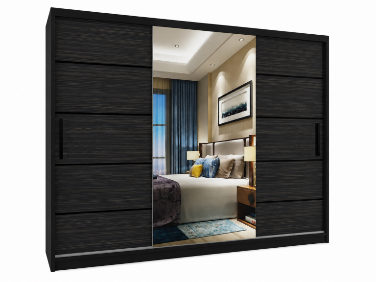 Armoire coulissante 232 cm avec miroir, noire, ébène royal mat  Fabricant MZ  SZP4/2/1B/2HK1L/0/BL