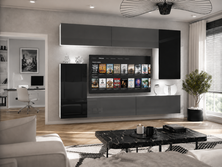 Meuble TV / meuble mural 250 cm gris brillant et noir brillant  Fabricant IMP 8/5/W/SBBS/0/0