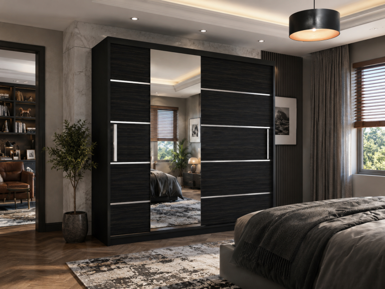 Armoire coulissante 200 cm avec miroir, noire, ébène foncé  Fabricant MBP SZP1/2/B/HK/0/AL
