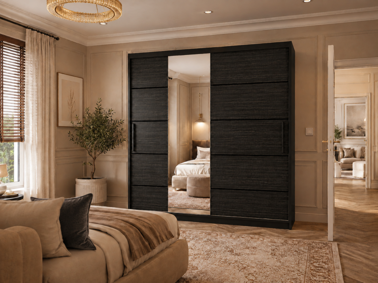 Armoire coulissante 200 cm PREMIUM AVEC TIROIRS ET MIROIR, noire, ébène royal mat  Fabricant MBP SZP5/1/B/HK/0/KLP