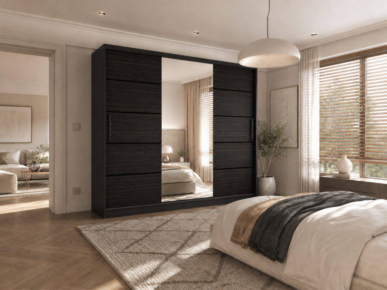Armoire coulissante 232 cm PREMIUM AVEC TIROIRS, noire, ébène foncé  Fabricant MBP SZP8/0/1B/2HK1L/0/KLP