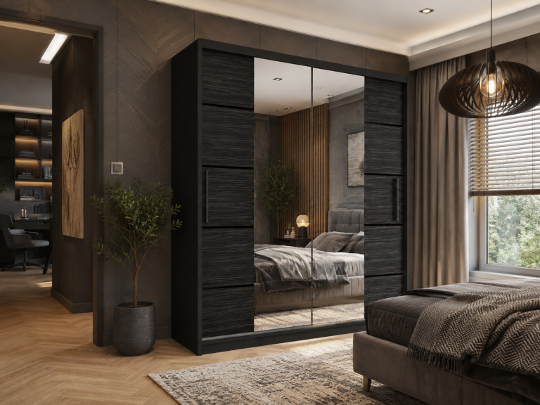 Armoire coulissante 133 cm PREMIUM AVEC TIROIRS, noire, ébène foncé  Fabricant ME SZP6/1/B/HK/0/KLP