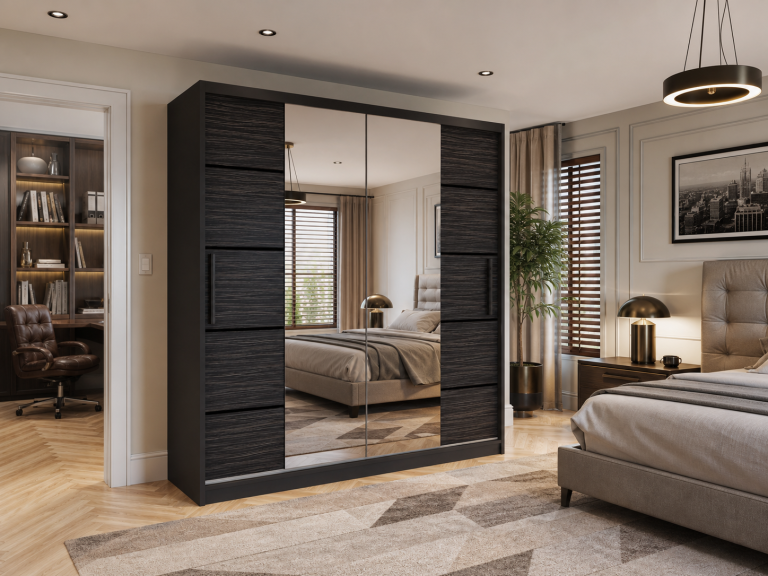 Armoire coulissante 158 cm PREMIUM AVEC TIROIRS, noire, ébène foncé  Fabricant ME  SZP7/0/B/HK/0/KLP