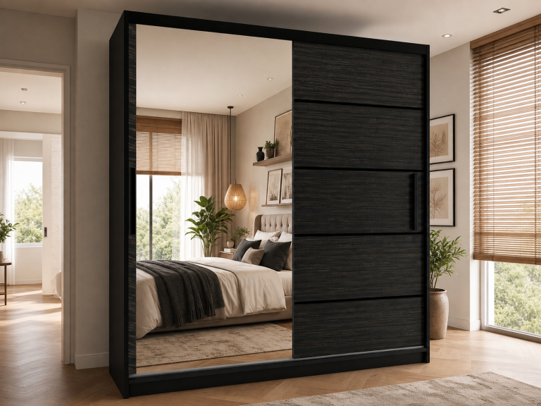 Armoire coulissante 200 cm avec miroir, noire, ébène royal  Fabricant MZ  SZP1/2/B/HK/0/BL