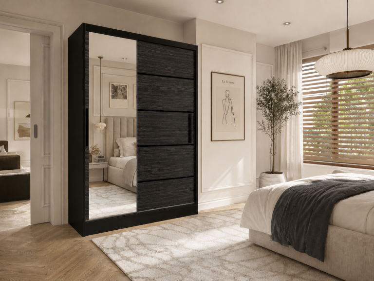 Armoire coulissante 133 cm avec miroir, noire, ébène royal  Fabricant MZ  SZP2/2/B/HK/0/BL