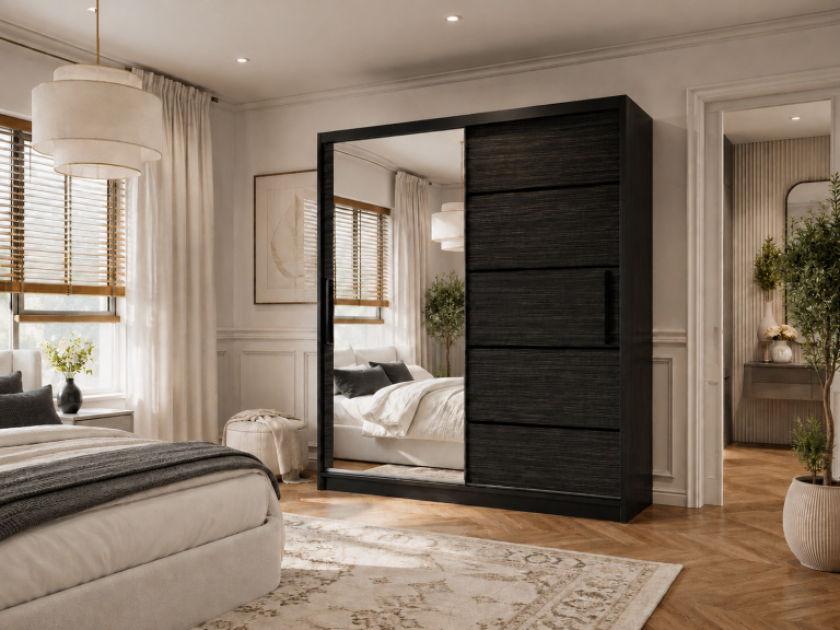Armoire coulissante 158 cm avec miroir, noire, ébène royal mat  Fabricant MZ  SZP3/1/B/HK/0/BL
