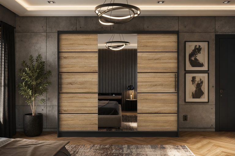 Armoire 235 cm Belini noir mat / chêne sonoma avec portes coulissantes, miroir et tiroirs Fabricant MBP SZP8/0/1B/2DS1L/0/KLP