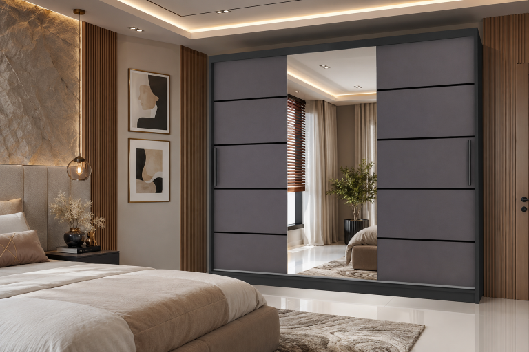  Armoire coulissante 232 cm PREMIUM AVEC TIROIRS et miroir gris anthracite graphite Fabricant MBP SZP8/0/1B/2SR1L/0/KLP 