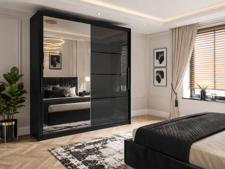 Armoire 200 cm Belini noir mat / gris brillant avec portes coulissantes miroir et tiroirs Fabricant MGB SZP5/1/B/1L5S/KLP
