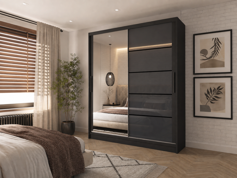 Armoire 133 cm Belini noir mat / gris brillant avec portes coulissantes miroir et tiroirs Fabricant MGB SZP6/1/B/1L5S/KLP