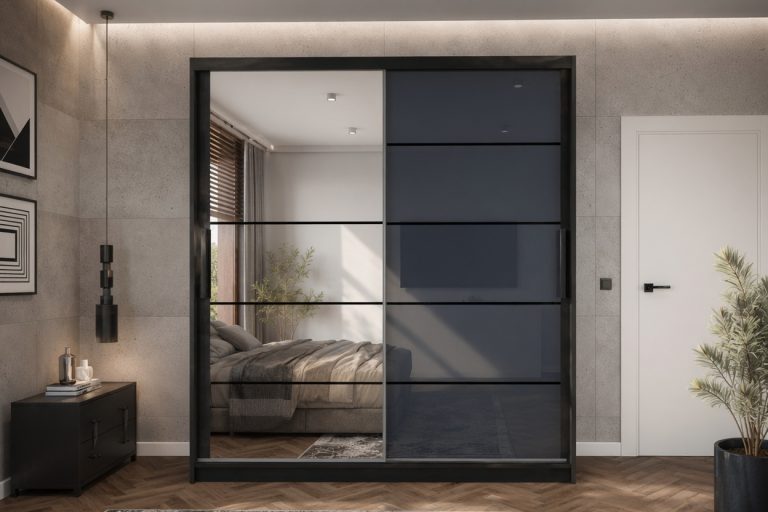 Armoire 158 cm Belini noir mat / gris brillant avec portes coulissantes miroir et tiroirs Fabricant MGB SZP7/0/B/1L5S/KLP