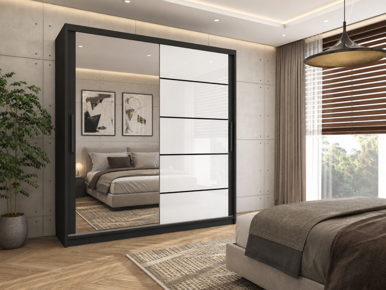 Armoire 158 cm Belini noir mat / blanc brillant avec portes coulissantes miroir et tiroirs Fabricant MGB SZP7/0/B/1L5W/KLP